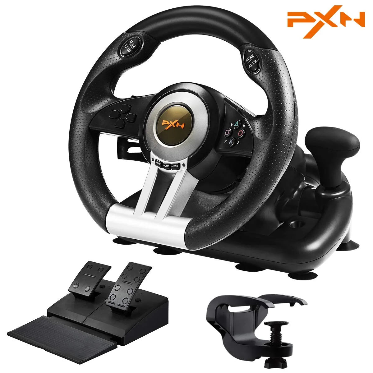 Pxn V3 Pro Gaming Steering Wheel, 180° Rotation, Pedal Set Included, Black OEM